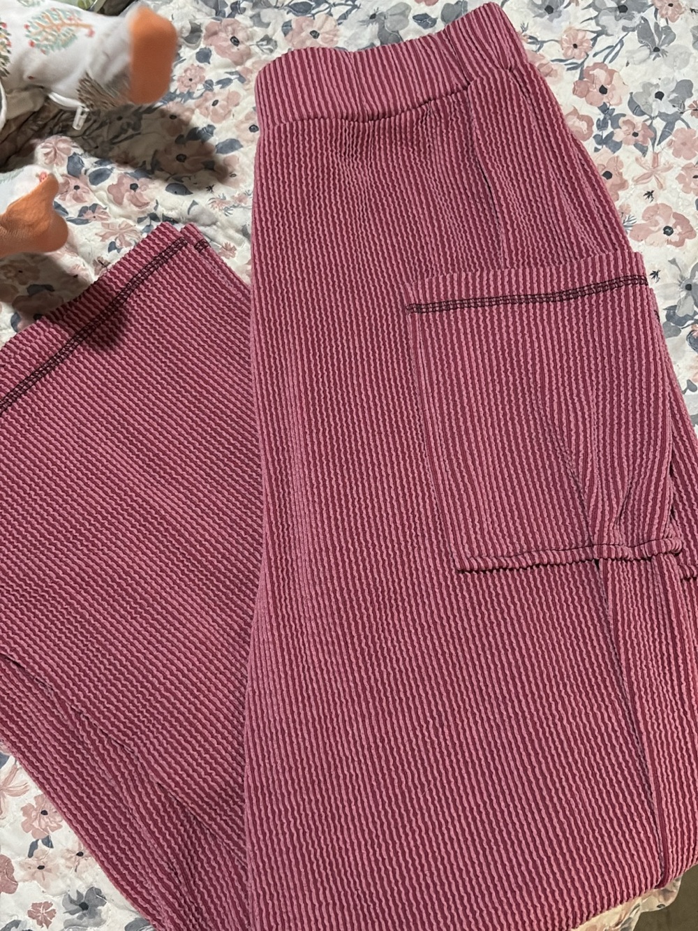 Textured Pink Ribbed Cargo Pants